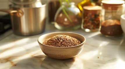 Whole cumin seeds in a small ceramic bowl on a kitchen countertop, surrounded by other spices