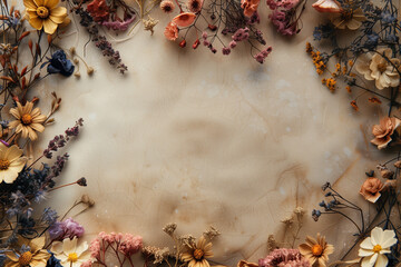 Rustic floral frame made of dried flowers and twigs, creating a vintage and bohemian border on a textured paper background
