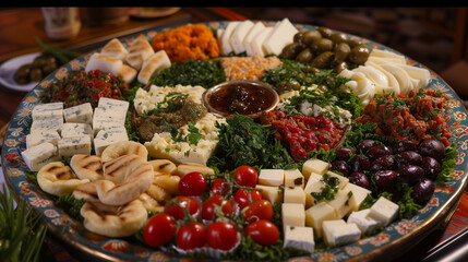 Traditional Mediterranean mezze platter with a variety of dips, cheeses, and small bites, arranged artistically on a large plate
