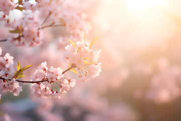 Fototapeta premium Beautiful spring nature scene with pink blooming tree. Soft focus style.