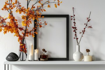 Autumnal Shelf and Frame Mockup with Seasonal Decor - White Wall Portrait Display