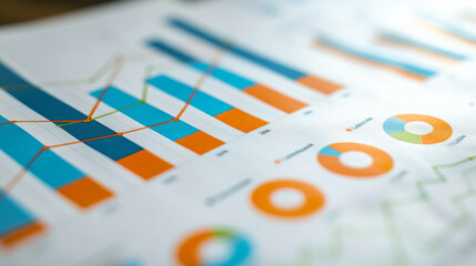 close-up of printed data charts, including bar graphs, line graphs, and pie charts, representing statistical analysis or business report findings.