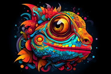 Vibrant chameleon face logo illustration with intricate patterns, symbolizing adaptability and uniqueness, presented on a clean and modern background for a standout brand