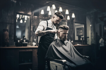 A barber is cutting hair in a hair salon. AI generated.