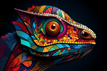 Vibrant chameleon face logo illustration with intricate patterns, symbolizing adaptability and uniqueness, presented on a clean and modern background for a standout brand