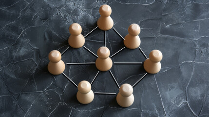 network or hierarchy concept with wooden figures connected by black lines on a dark, textured background.