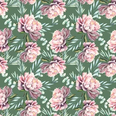  Peony and eucalyptus branches, leaves botanical watercolor seamless pattern textile design wallpaper green © lidianureeva