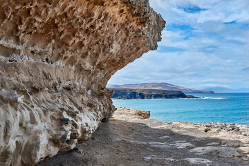 Caleta Negra (Black Bay) landscape on the coast of the Atlantic Ocean in Ajuy, Fuerteventura,...