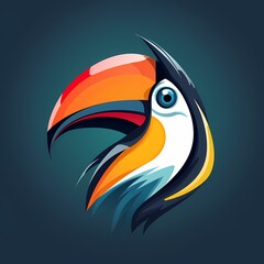 A distinctive and expressive toucan face logo illustration, showcasing the unique features and vibrant colors of the bird, set against a tropical and lively solid background