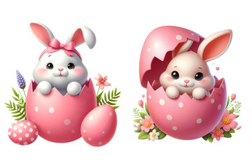 Obraz na płótnie Canvas 3D illustration of a cute easter bunny emerging from the cracked pink easter egg isolated on transparent background