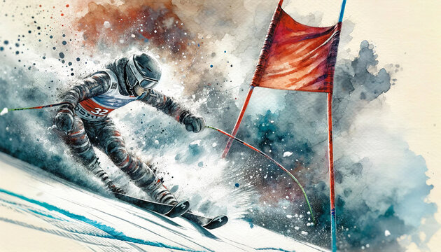 A dynamic watercolor depiction of a skier in mid-action, navigating a slalom gate, with vibrant splashes of paint emphasizing speed and movement on the slope.Sport concept.AI generated.