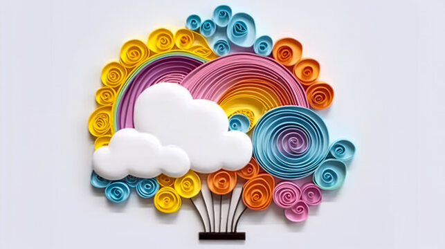 A stunning quilling style depiction of a cloud adorned with a vibrant rainbow