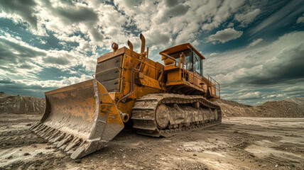 Bulldozer against a dramatic sky on dirt land.