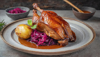 Juicy roast duck with red cabbage potatoes and brown sauce on a plate food photography