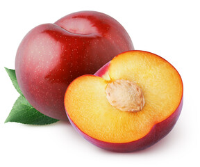 Isolated plums. Whole red cherry plum and a half with leaves isolated on white background