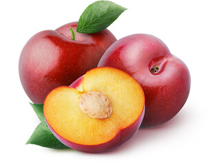 Isolated plums. Two whole and a half of red cherry plum with leaves isolated on white background