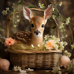 Cute little fawn in a wicker basket with eggs and flowers