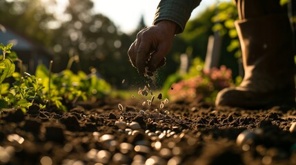 An elderly man is planting seeds in the garden. Close-up of a man's hands planting seeds in the soil. Spring work in the garden at the cottage. - obrazy, fototapety, plakaty