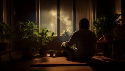 Relaxed man enjoying a cannabis smoke in his room, surrounded by homegrown cannabis plants. Emphasizing the personal aspect of cannabis usage. - obrazy, fototapety, plakaty