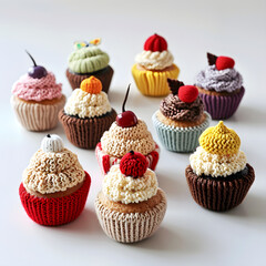 multicolor knitted cupcakes with cherry on white background.