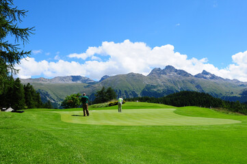 Swiss Alps: golf-course of the legendary and luxury Kulm Hotel in St. Moritz | Der 9-Loch Golfplatz...