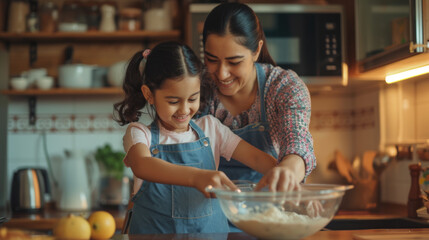 woman and a young girl are smiling and baking together in a home kitchen.