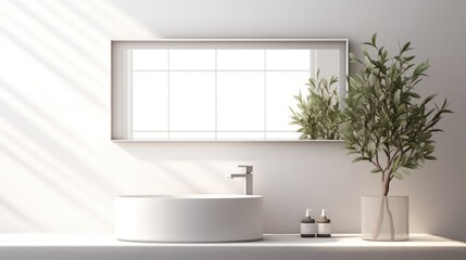 Stylish mirror, eucalyptus branches, and vessel sink in a modern bathroom. Interior design