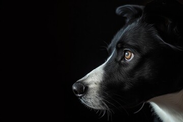 Portrait of a black and white dog in profile