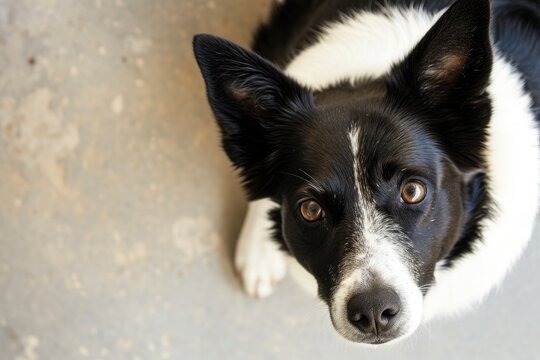 Portrait of a black and white dog, view from top. Concept of dog's shelter