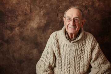 Portrait of a senior man wearing a knitted sweater and glasses on a brown background