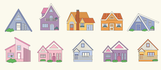 Vector set with houses. Architecture. Vector colorful house flat illustration. Home facade with doors and windows. House design. Hand-drawn Vector set. Every building is isolated.