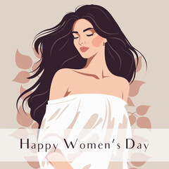 Vector flat illustration of a young beautiful girl with long flowing hair. Delicate greeting card for International Women's Day.