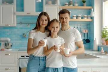 Portrait of a family with a child in a blue kitchen holding white cups