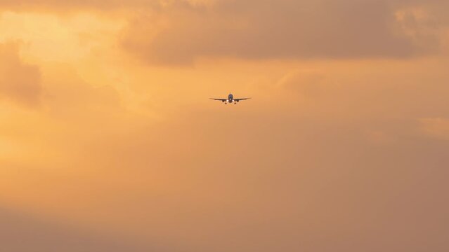 Jet plane approaching landing. Passenger airliner flies in the sunset sky, front view, long shot