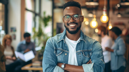 A confident man stands with arms crossed in a modern office environment, embodying leadership and professionalism with his team in the background.