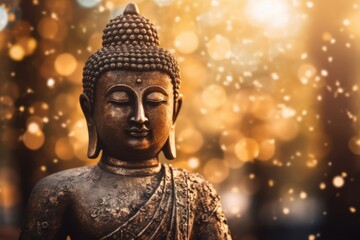 Buddha statue with golden bokeh light background