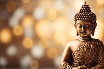 Buddha statue with golden bokeh light background
