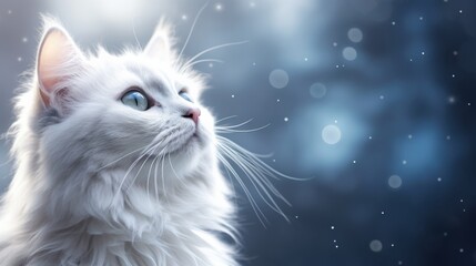 White Persian Cat Portrait on blue background with copy space - obrazy, fototapety, plakaty