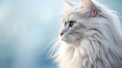 White Persian Cat Portrait on blue background with copy space