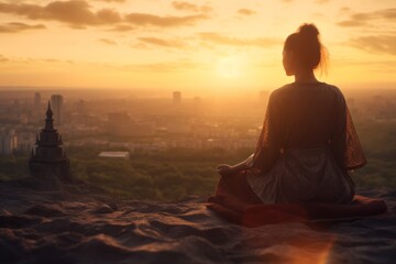 A woman is meditating at sunset and the scene, asian style - obrazy, fototapety, plakaty