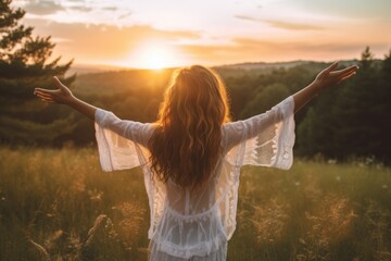 Happy and joyful woman raising arms in a rural field. Woman praising or worship in sunset