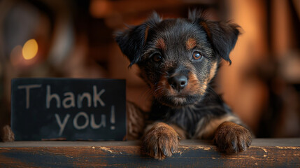 Cute puppy dog with a black sign with the words "Thank you!" and looks into the camera with an advertising banner.
