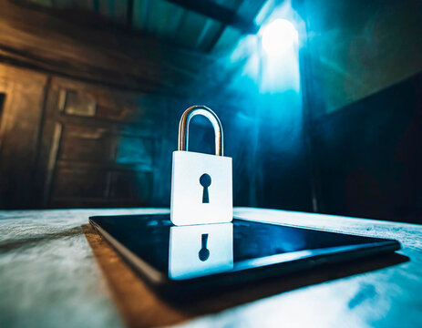 Tablet on a table with mystical light and an artistic image of a padlock. Importance of protecting our digital lives with strong passwords. Identity theft. World Password Day.