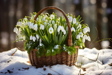 Spring flowers snowdrops in a wicker basket.