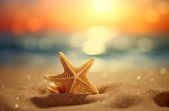 Starfish on beach with sunset light