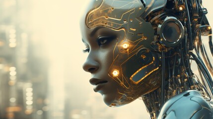 Artificial intelligence robot woman with copy space