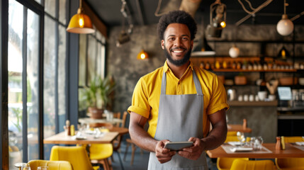smiling man with an apron is standing in a modern cafe holding a tablet.