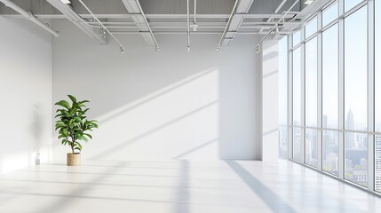 Spacious empty room with front view on blank white walls, and windows. 3D rendering, mockup