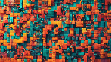 Fototapeta premium Explore the world of pixel art by designing an abstract background using pixelated patterns and vibrant, contrasting colors to create a visually striking and retro-inspired composition