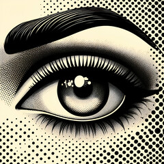 Retro halftone collage eye for mixed media design. Open human eye in halftone texture, dotted pop art style. Vector illustration of vintage grunge punk crazy art templates.